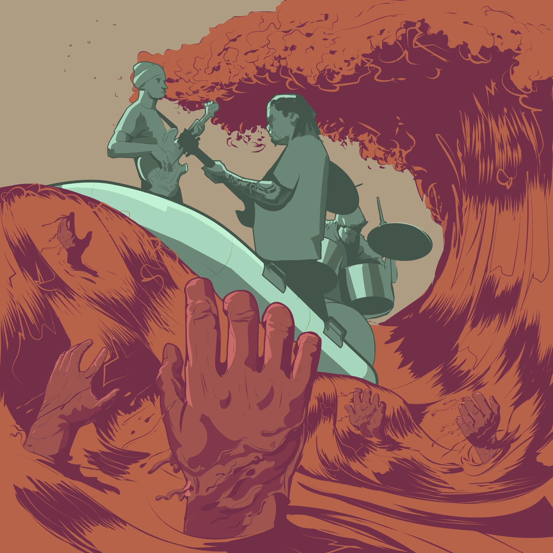 Illustration Called Punk Band in A Raft by Michael Grills