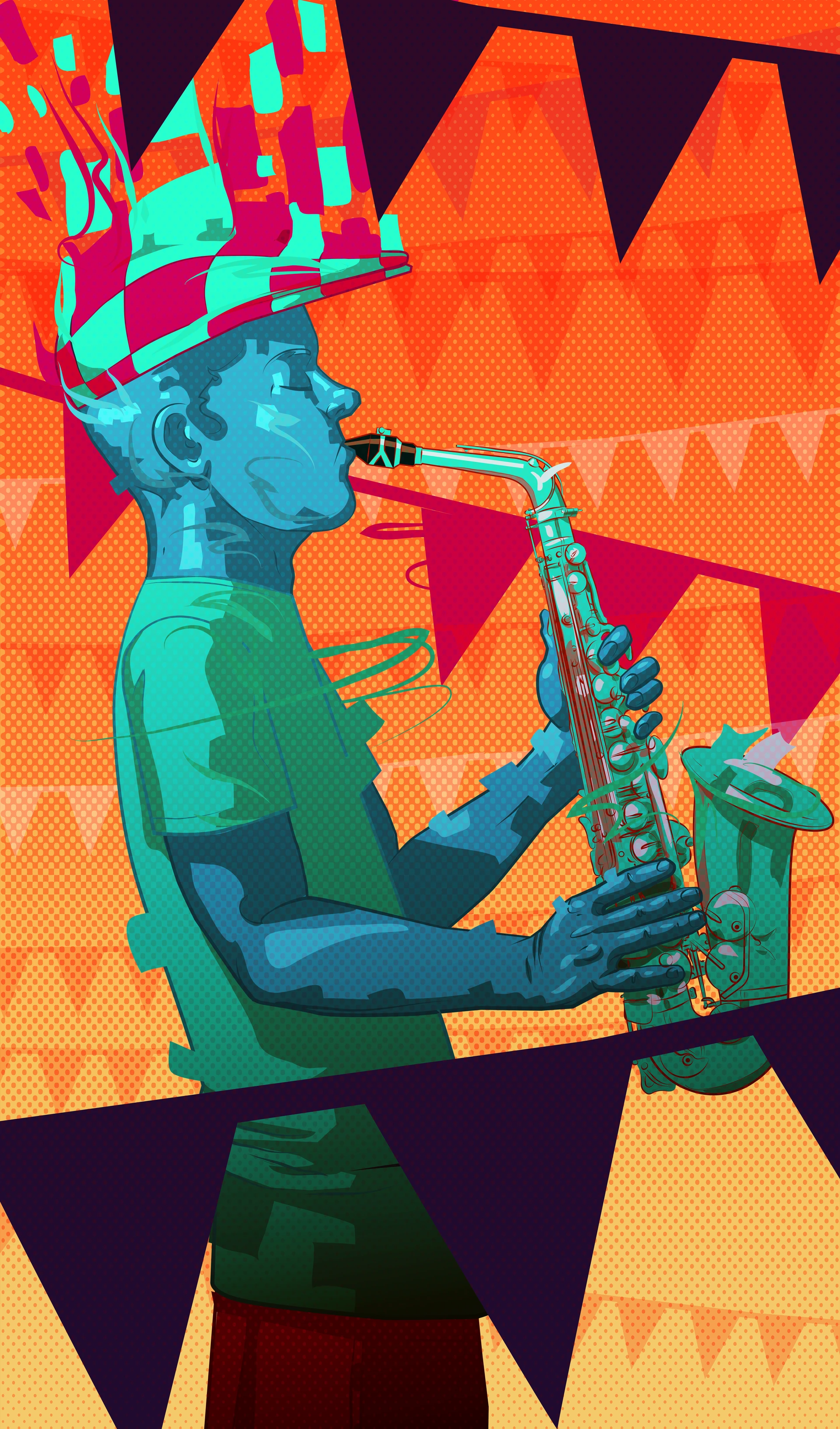 Illustration Called Blues Festival Saxaphone Player by Michael Grills