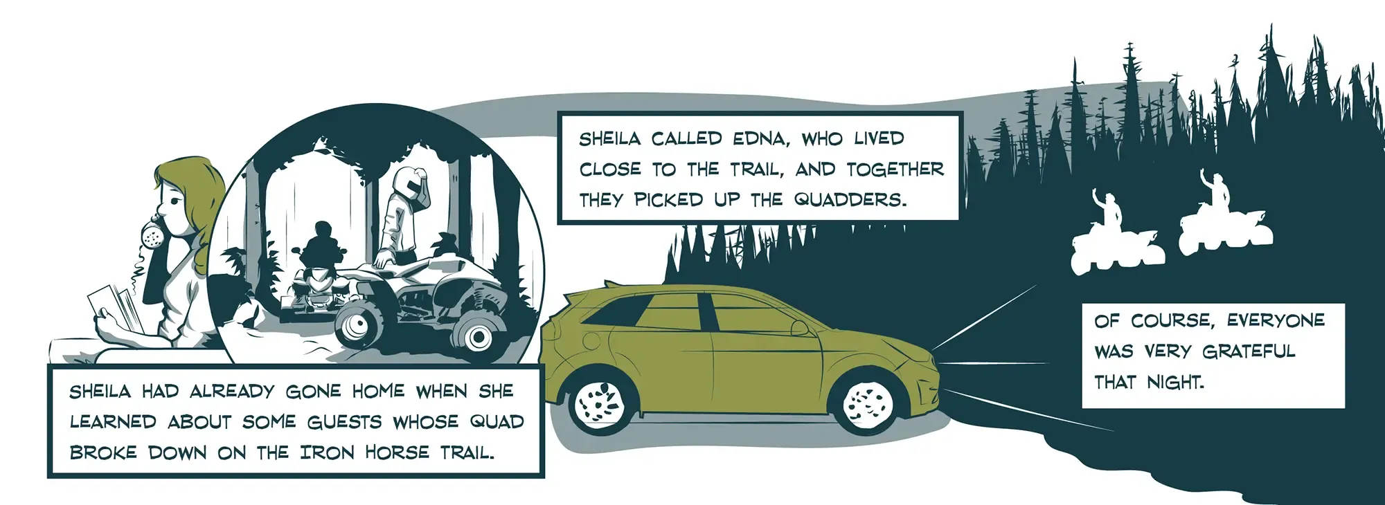 Canalta Hotel Comic about friends quads broken down in forest.
